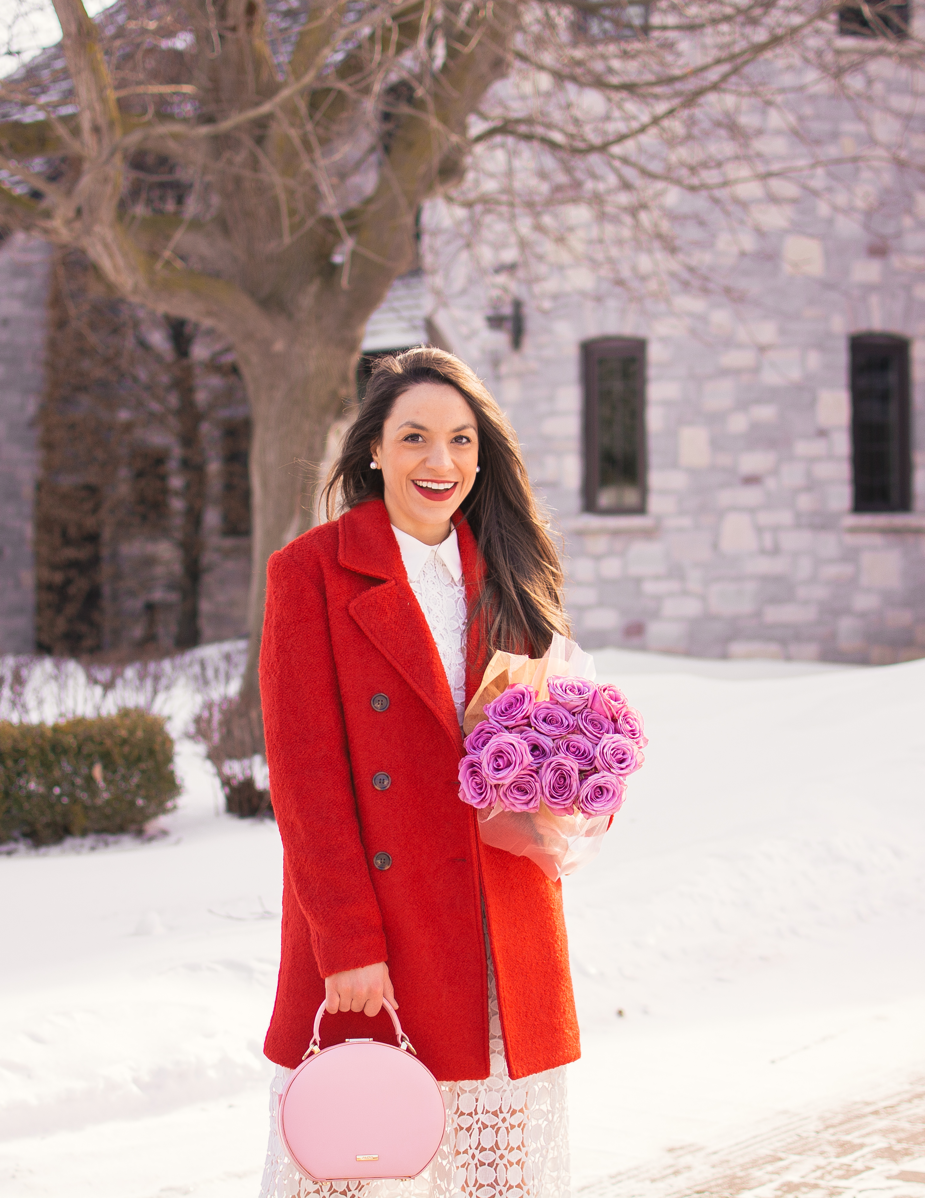 My Favourite Red Pieces for Valentine's Day | Red Coat| |White Lace Dress| Pink Flowers | Winter Looks | The Pink Brunette 