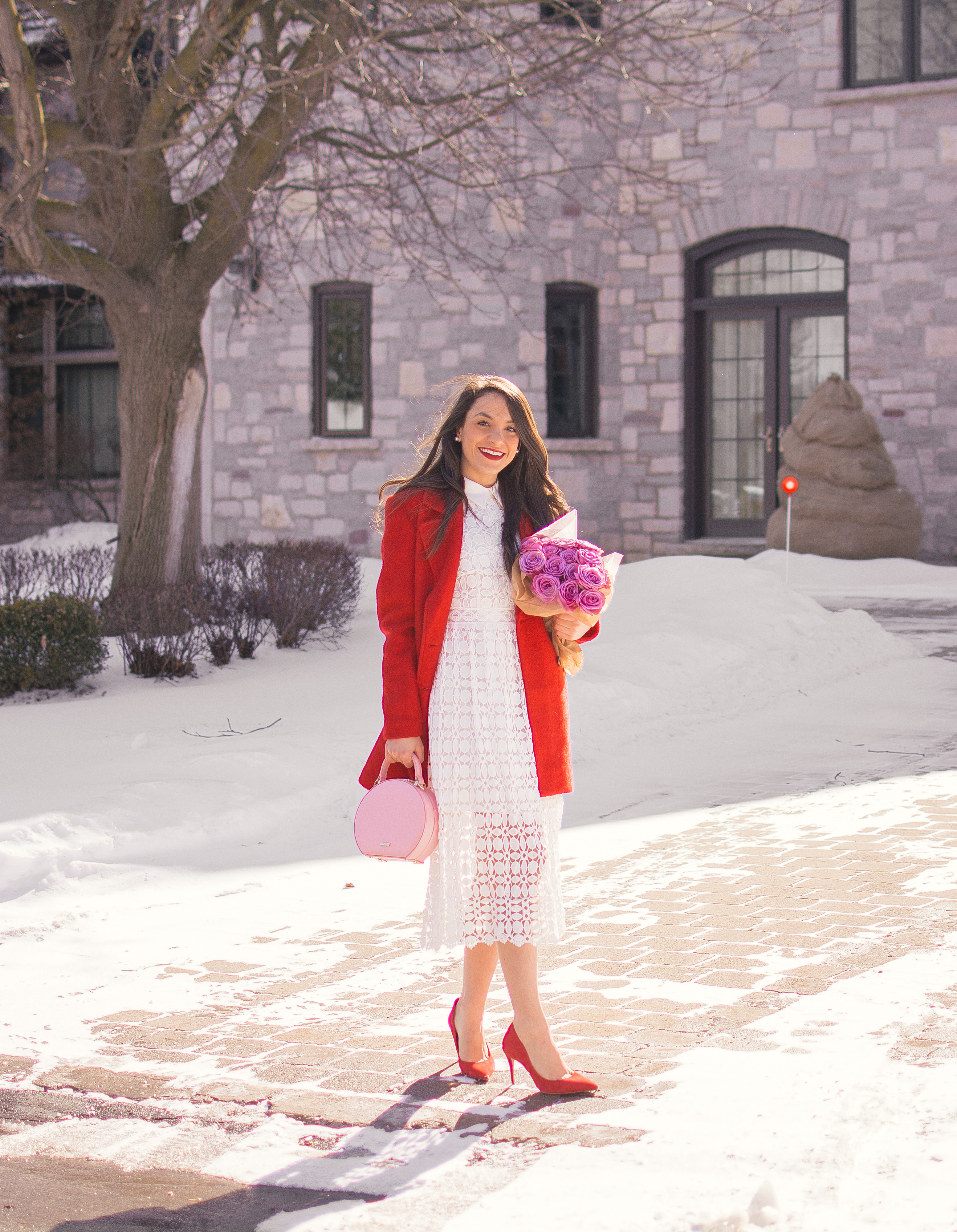 My Favourite Red Pieces for Valentine's Day | Red Coat| |White Lace Dress| Pink Flowers | Winter Looks | The Pink Brunette 