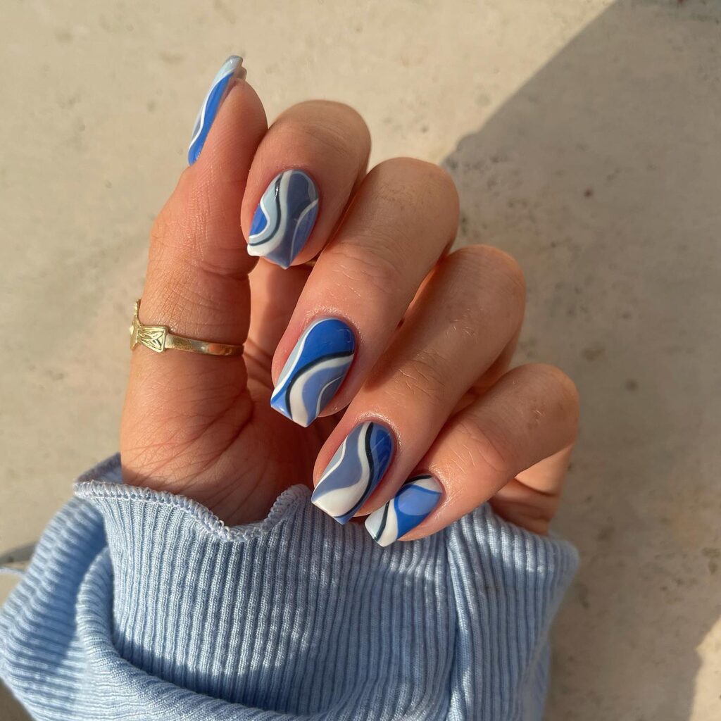 blue nails, blue nails acrylic, blue nails short, blue nails ideas, blue nails with design, blue nails inspiration, blue nails aesthetic, blue nails almond shape, blue nail art, blue nail art designs, blue nail ideas short, swirl nails, swirl nails blue, swirl nails white, swirl nails 2022