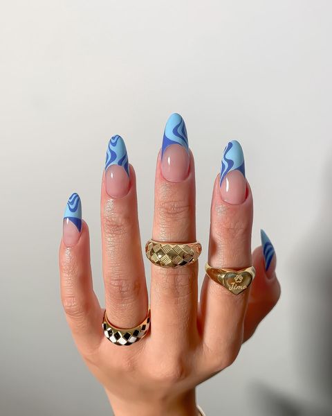 blue nails, blue nails acrylic, blue nails short, blue nails ideas, blue nails with design, blue nails inspiration, blue nails aesthetic, blue nails almond shape, blue nail art, blue nail art designs, blue nail ideas short, French tip nails, French tip nails blue, swirl nails, swirl nails blue