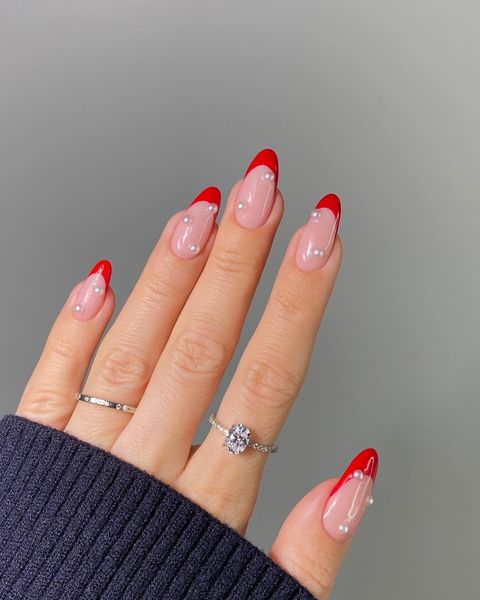 red nails, red nails acrylic, red nails ideas, red nails designs, red nails aesthetic, red nail art, red nail art designs, red nail designs, pearl nails, French tip nails, French tip nails red