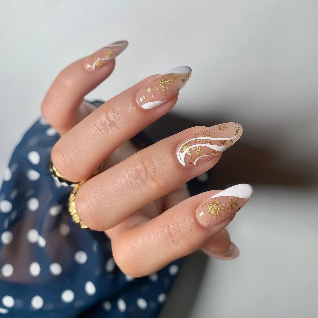 gold nails, gold nails ideas, gold nails acrylic, gold nails design, gold nails prom, gold nails short, gold nails aesthetic, gold nails ideas simple, white and gold nails, swirl nails, swirl nails ideas, swirl nails designs