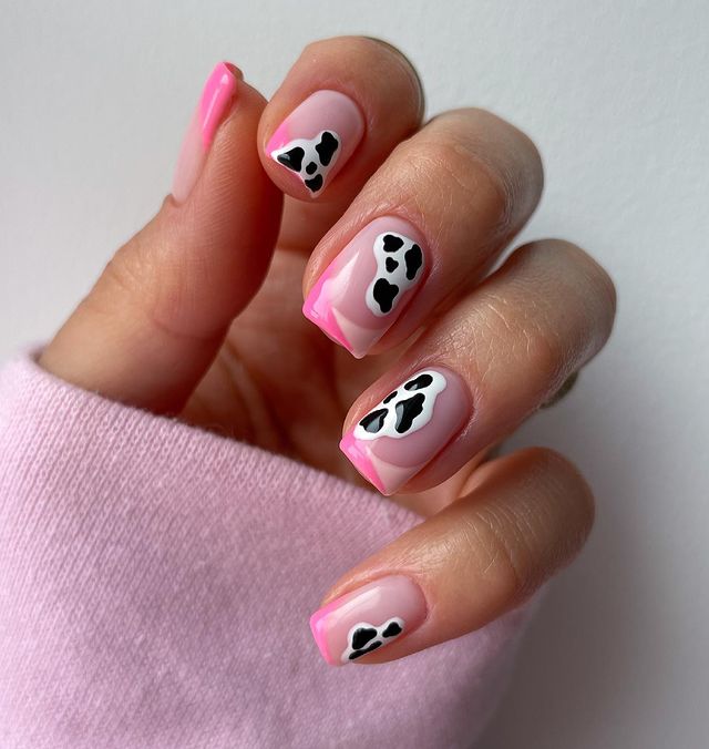 cow print nails, cow print nails acrylic, cow print nail ideas, cow print nail art, cow print nail designs, cow print nails french tip, french tip nails pink, pink nails