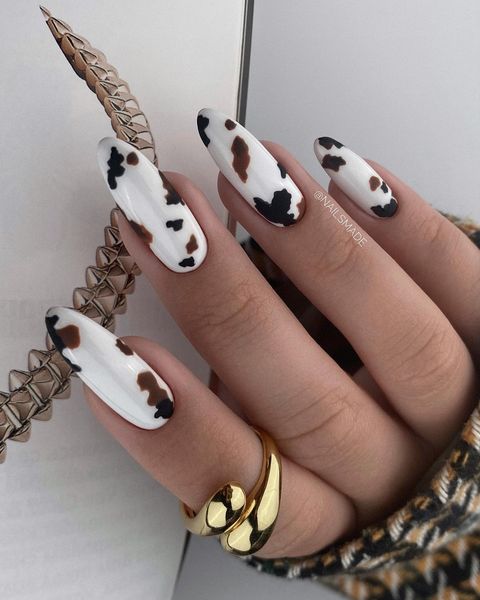 cow print nails, cow print nails acrylic, cow print nail ideas, cow print nail art, cow print nail designs, long almond nails, almond nails ideas