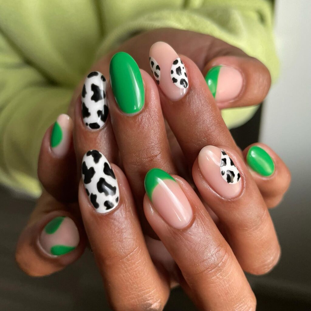 cow print nails, cow print nails acrylic, cow print nail ideas, cow print nail art, cow print nail designs, green nails, green nails ideas, green nails designs, cow print nails green, black and white nails