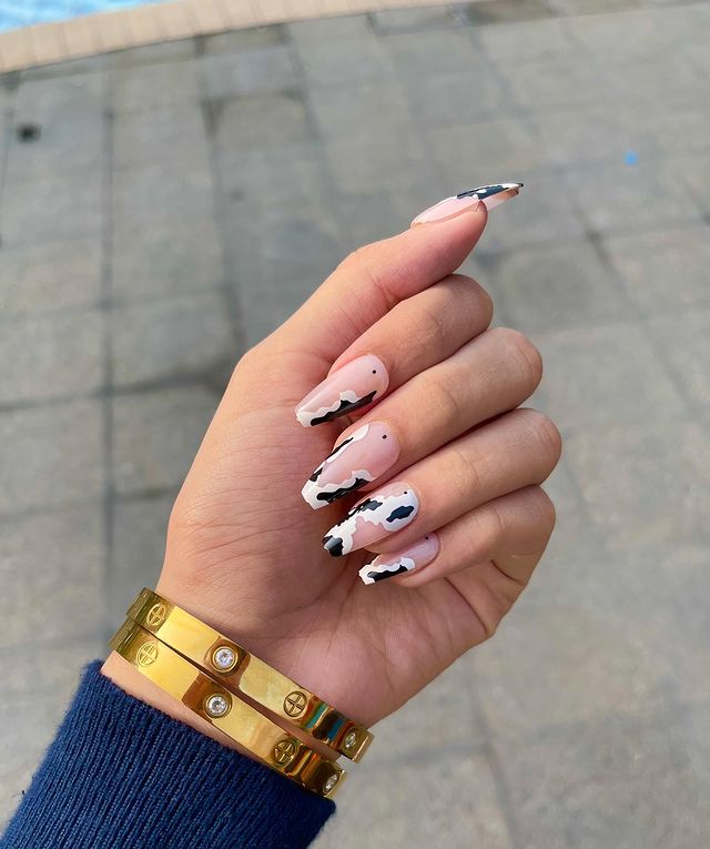 cow print nails, cow print nails acrylic, cow print nail ideas, cow print nail art, cow print nail designs, black and white nails, press on nails