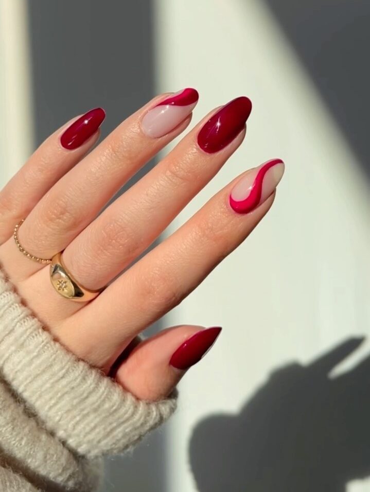 red nails, red nails acrylic, red nails ideas, red nails designs, red nails aesthetic, red nail art, red nail art designs, red nail designs, swirl nails, burgundy nails